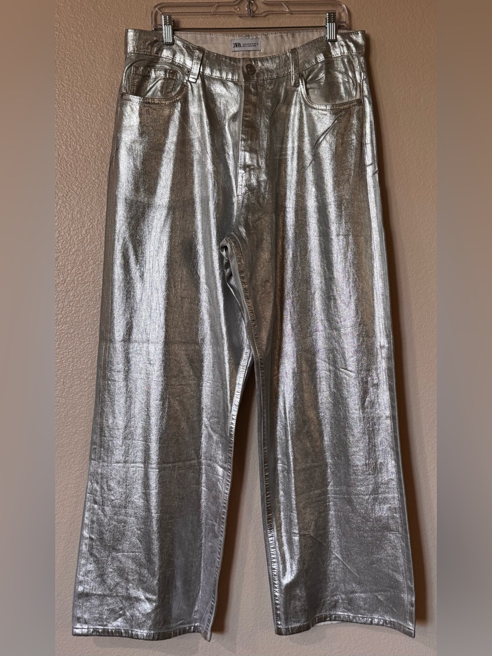 Zara Metallic Silver High Rise Wide Leg Jeans Foil Party Pants 12